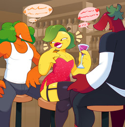 4_fingers alcohol arm_hair athletic athletic_humanoid athletic_male bar bar_stool beverage big_butt black_bottomwear black_clothing black_eyes black_legwear black_pants black_shirt black_stockings black_topwear body_hair bottomwear butt chest_hair clothed clothing container crossdressing cup curvy_figure dress drinking_glass emanata eyeless femboy fingers food freckled_chest freckled_face freckles fruit fully_clothed furniture glass glass_container glass_cup glistening glistening_body glistening_legs glistening_lips glistening_pseudo_hair glistening_skin green_pseudo_hair grey_bottomwear grey_clothing grey_pants group hand_on_leg hand_on_thigh heart_symbol holding_container holding_cup holding_drinking_glass holding_object holding_wine_glass illegible_text leaf leaf_hair legwear lips lipstick looking_at_another makeup male narrowed_eyes open_mouth open_smile orange_body orange_skin pants plant plant_hair pseudo_hair red_body red_clothing red_dress red_lipstick red_skin sharp_teeth shirt sitting smile stockings stool talking_to_another tank_top teeth text thick_thighs topwear trio vegetable white_clothing white_sclera white_shirt white_tank_top white_topwear wide_hips wine_glass yellow_body yellow_skin yellow_teeth dozighost pucker_(dozighost) unnamed_character elemental_creature elemental_humanoid flora_fauna food_creature food_humanoid humanoid living_fruit living_vegetable plant_humanoid vegetable_humanoid 2025 artist_name colored digital_drawing_(artwork) digital_media_(artwork) english_text hi_res shaded signature watermark