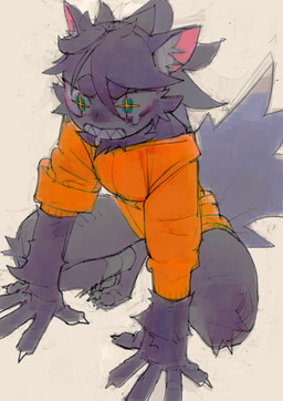 ambiguous_gender angry anthro bodily_fluids bottomless clenched_teeth clothed clothing crouching dripping eyebrows fluffy fluffy_tail fur green_eyes grey_body grey_fur hands_on_ground head_tuft long_sleeve_shirt pointed_nails pointy_ears saliva saliva_drip short_eyebrows simple_background solo star_pupils tail tears teeth thick_eyebrows thick_tail tuft a_4_k_a unnamed_character ambiguous_species canid canine mammal digital_drawing_(artwork) digital_media_(artwork) hi_res sketch