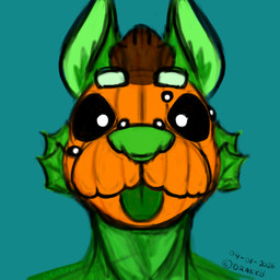 anthro black_sclera copyright_symbol food for_a_head fruit green_body green_ears green_nose green_tongue looking_at_viewer male mouth_closed multi_eye orange_head plant pumpkin pumpkin_head solo symbol text tongue tongue_out drakko_pumpkin_(artist) drakko_pumpkin_(character) object_head 2026 artist_name bust_portrait dated digital_drawing_(artwork) digital_media_(artwork) portrait