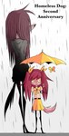 anniversary anthro duo female homeless raining text umbrella yellow_eyes ponporio homeless_dog arthropod butterfly insect lepidopteran absurd_res english_text hi_res