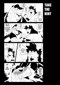 anthro blush clothing duo ellipsis facial_hair fur goatee hat headgear headwear interrobang male speech_bubble text topwear v-neck kokukokuboo donovan_(kokuhane) troy_(kokuhane) lagomorph leporid mammal rabbit reptile scalie snake 2016 comic english_text hi_res monochrome