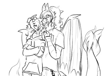 annoyed anthro armwear belt bottomwear chain clothing crossed_arms duo eyelashes female frown fur hair hoodie horn long_hair membrane_(anatomy) membranous_wings pants shirt size_difference slightly_muscular spikes spikes_(anatomy) tail teasing tied_hair tongue topwear wings vedacia mythology june_(veevobyte) maya_(veevobyte) dragon mythological_creature mythological_scalie scalie digital_media_(artwork) guide_lines monochrome sketch sibling_(lore) sister_(lore) sisters_(lore)