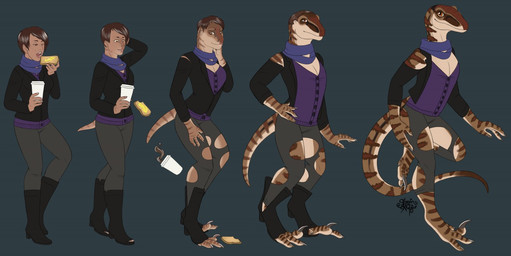 alternative_fashion anthro basic_sequence beverage bread breasts brown_body brown_hair brown_scales claws cleavage clothed clothing coffee coffee_cup container cup curling_toes dark_body dark_skin eating eating_food feet female finger_claws five_frame_image five_frame_sequence flat_chested food hair hair_loss hipster human_to_anthro linear_sequence multi_frame_sequence non-mammal_breasts open_mouth red_hair scales short_hair simple_background solo species_transformation striped_body stripes tail toast toe_claws torn_clothing transformation transformation_sequence starvinartmajor skade_(caninehybrid) dinosaur dromaeosaurid human mammal prehistoric_species reptile scalie theropod velociraptor 2017 sequence