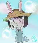 anthro blush clothed clothing dress female fur hat headgear headwear solo straw_hat sundress white_body white_fur young young_anthro mirashefreak03 elinor_wonders_why pbs elinor_rabbit lagomorph leporid mammal rabbit hi_res