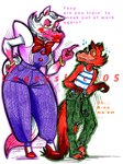 4_fingers answer anthro arm_tuft arms_bent asking asking_another barefoot black_nose blue_stripes bodily_fluids bottomwear bracelet brown_claws button_(fastener) cheek_spots cheek_tuft claws clothed clothed_anthro clothed_female clothed_male clothing clothing_around_waist dialogue dipstick_tail disapproval duo eye_contact eye_patch eyelashes eyewear facial_tuft feet female finger_claws fingers footwear fully_clothed fully_clothed_anthro fully_clothed_female fully_clothed_male fur gold_(metal) gold_bracelet gold_jewelry green_bottomwear green_clothing green_outline green_pants green_shirt green_topwear hair half-closed_eyes hand_on_hip hand_on_own_hip high_heels hook hook_hand jewelry larger_anthro larger_female lips long_tail looking_at_another male markings multicolored_body multicolored_fur name_drop name_in_dialogue narrowed_eyes nervous nervous_sweat orange_body orange_fur orange_tail outline pants pattern_clothing pattern_shirt pattern_tank_top pattern_topwear pink_body pink_fur pink_tail_tip pirate pockets purple_bottomwear purple_clothing purple_outline purple_pants purple_shirt purple_topwear purple_vest question red_claws red_clothing red_footwear red_high_heels red_lips shirt shirt_around_waist shoes shoulder_tuft size_difference slicked_back_hair smaller_anthro smaller_male standing stepping_on_tail striped_clothing striped_shirt striped_tank_top striped_topwear stripes sweat tail tail_markings talking_to_another tank_top text thick_lips toe_claws topwear tuft two_tone_tail vest whisker_spots white_clothing white_hair white_shirt white_tail white_tank_top white_topwear wide_hipped_anthro wide_hipped_female yellow_eyes cageyshick05_(artist) five_nights_at_freddy's five_nights_at_freddy's_2 scottgames foxy_(fnaf) mama_mangle mangle_(fnaf) canid canine fox mammal 2015 artist_name colored colored_pencil_(artwork) english_description english_text shaded traditional_media_(artwork)
