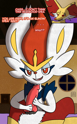 animal_genitalia animal_penis anthro bodily_fluids canine_genitalia canine_penis cockney dialogue duo female genital_fluids genitals half-closed_eyes handjob male male/female narrowed_eyes night penile penis precum sex suggestive_expression text wasileus nintendo pokemon cass_the_cinderace val_the_delphox cinderace delphox generation_6_pokemon generation_8_pokemon pokemon_(species) english_text