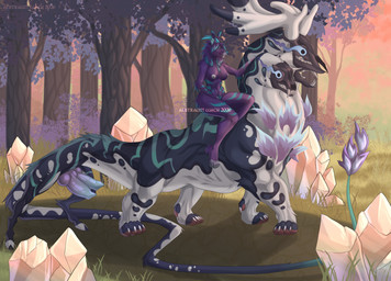 3_heads 4_toes 5_toes 6_legs 6_limbs anthro arm_tuft blue_claws blue_horn blue_markings blue_nose breasts cheek_tuft claws crystal detailed_background drelmoth duo elbow_tuft facial_tuft fangs feet female fluffy_ears forest forest_background fur genitals grass hooves horn knot knotted_penis konvu leaf male male/female markings multi_arm multi_eye multi_genitalia multi_head multi_knot multi_limb multi_penis multicolored_body multicolored_fur multicolored_penis nature nature_background neck_tuft nipples nude pawpads penis plant pose purple_body red_eyes size_difference sunset teeth toes tree tuft white_nipples albtraumwach mythology dragon felid feline mammal mythological_creature mythological_scalie scalie absurd_res hi_res pinup