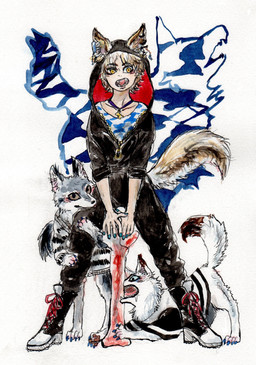 ambiguous_gender bite biting_object black_boots black_bottomwear black_clothing black_footwear black_high_heeled_boots black_hoodie black_pants black_topwear blood blue_eyes blue_fingernails blue_nails bodily_fluids bone boots bottomwear brown_eyes clothed clothed_feral clothing colored_nails digitigrade fangs feral fingernails footwear fully_clothed fur grey_body grey_fur group high_heeled_boots high_heels hoodie humanoid_hands jewelry male nails necklace open_mouth pants paws plantigrade raised_tail red_shoelaces shoes tail teeth topwear trio white_body white_fur yellow_eyes zipper kyokyota animal_humanoid canid canid_humanoid canine canine_humanoid canis humanoid mammal mammal_humanoid wolf wolf_humanoid 2014 absurd_res hi_res painting_(artwork) shaded traditional_media_(artwork) traditional_painting_(artwork) traditional_watercolor_(artwork) watercolor_(artwork)