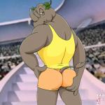 anthro bottomwear butt butt_grab clothed clothing fully_clothed hand_on_butt head_wreath horn leaf leaf_crown looking_back male muscular muscular_anthro muscular_male rear_view shirt shorts smile smirk solo tank_top topwear fabfelipe animalympics mammal rhinoceros 1:1 2017 hi_res