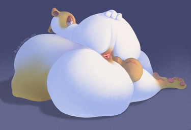 anthro anus balls big_butt butt crossgender fur genitals huge_butt looking_at_viewer lying male nude orange_body simple_background solo thick_thighs white_body rockyhorns adventure_time cartoon_network cake_the_cat tale domestic_cat felid feline felis mammal