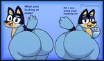 anthro bedroom_eyes big_butt black_border blue_background border butt dialogue eyebrows huge_butt huge_thighs looking_at_viewer looking_back looking_back_at_viewer male narrowed_eyes open_mouth open_smile presenting presenting_hindquarters rear_view seductive simple_background smile solo text thick_thighs tunemon bluey_(series) bandit_heeler australian_cattle_dog canid canine canis cattledog domestic_dog herding_dog mammal pastoral_dog 2023 artist_name english_text hi_res