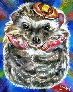 butter dairy_products feral food fur grey_body grey_fur pancake pancake_on_head realistic smile smiling_at_viewer solo syrup dan_lacey eulipotyphlan hedgehog mammal 2013 painting_(artwork) signature tagme traditional_media_(artwork) traditional_painting_(artwork)