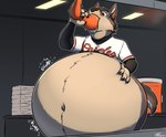 baseball_jersey belly belly_expansion belly_inflation big_belly brown_body brown_fur chugging container expansion fur hand_on_belly hose hose_in_mouth huge_belly inflation inside liquid_inflation male multicolored_body multicolored_fur navel pizza_box solo swallowing tan_belly water_cooler tanio baltimore_orioles_(mlb) mlb iron99 canid canine canis coyote mammal 2023 hi_res