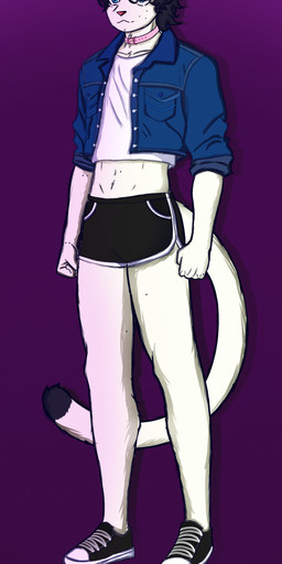 anthro bottomwear clothing collar dolphin_shorts footwear hair jacket male male/male markings mole_(marking) rapidoute shirt shoes shorts solo tail topwear white_body white_clothing white_shirt white_topwear freshdacat felid mammal absurd_res hi_res