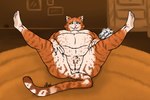 anthro bite biting_lip brown_body brown_fur female fur green_eyes humanoid_face orange_body orange_fur overweight overweight_female solo spread_legs spreading white_body white_fur pteri_(artist) cats_(movie) cats_(musical) jennyanydots hi_res