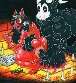 4_fingers abs against_surface against_wall anal anal_penetration anthro anus backsack balls big_anus big_butt black_body black_hair black_lips black_tongue blep book butt butt_grab candle circle demonic dominant duo ear_piercing erection facial_piercing femboy fingers genitals glistening glistening_body gynomorph hair hand_on_butt heart_eyes heart_symbol intersex intersex/male larger_dom lips magic magic_circle male nose_piercing nose_ring pecs penetration penile penile_penetration penis penis_in_ass piercing puffy_anus red_body ring_piercing ritual size_difference spellbook spread_butt spreading summoning thick_thighs tongue tongue_out white_face parasitedeath bovid caprine caprine_demon demon goat_demon humanoid mammal 2020 hi_res marker_(artwork) signature traditional_media_(artwork) warm_colors