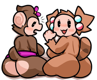 accessory anthro back_boob big_breasts big_ears blush bottomwear breasts brown_body brown_fur butt butt_focus clothed clothing duo female flower flower_in_hair fur gesture hair hair_accessory hand_gesture looking_at_viewer looking_back looking_back_at_viewer markings nude open_mouth pie_cut_eyes plant pointing pointing_at_self rear_view ring_(marking) ringed_tail scut_tail short_tail side_boob simple_background skirt striped_markings striped_tail stripes tail tail_markings thumb topless topless_female white_background lewdewott sega super_monkey_ball meemee yanyan haplorhine lemur mammal monkey primate strepsirrhine hi_res