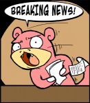 ambiguous_gender black_eyes dialogue humor looking_at_viewer news open_mouth paper pink_body solo speech_bubble text scott_ramsoomair nintendo pokemon vg_cats generation_1_pokemon pokemon_(species) slowpoke colored english_text low_res reaction_image