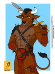 anthro armor belt bottomwear bovid_horn bovine_horn brown_body brown_fur bulge bull_horn clothing ear_piercing ear_ring facial_piercing fur golden_ear_ring horn horn_jewelry horn_ring jewelry loincloth male melee_weapon muscular muscular_anthro muscular_male nipples nose_piercing nose_ring piercing ring_(jewelry) ring_piercing simple_background solo sword weapon yellow_eyes drekkorwolfsoul ben_steelhorn_(drekkorwolfsoul) bovid bovine cattle mammal 3:4 absurd_res hi_res