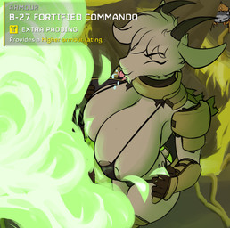 anthro areola areola_slip armor beard big_breasts bikini black_bikini black_clothing black_swimwear blowing_raspberries bodily_fluids breasts clothed clothing colored_fire detailed_background eyes_closed facial_hair female fire fur goatee green_fire hair horn huge_breasts saliva solo swimwear tail tan_body tan_fur text tongue tongue_out two-piece_swimsuit unconvincing_armor thehuskylord helldivers auri_(thehuskylord) hooski_(thehuskylord) arthropod bovid caprine goat insect mammal absurd_res digital_media_(artwork) english_text hi_res