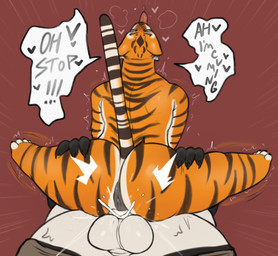 4_toes anthro anthro_on_anthro anthro_penetrated anthro_penetrating anthro_penetrating_anthro anus balls balls_deep big_butt black_body black_claws black_fur black_stripes bodily_fluids bottomwear bottomwear_down butt butt_grab claws clothed clothing cum cum_from_vagina cum_in_vagina cum_inside cum_splatter dialogue duo feet female female_penetrated finger_claws fucked_silly fur genital_fluids genital_raphe genitals grey_anus grey_bottomwear grey_clothing grey_pants hand_on_butt heart_symbol huge_butt interspecies leg_grab male male/female male_penetrating male_penetrating_female moan nude orange_body orange_fur orgasm overweight overweight_anthro overweight_male pants pants_down partially_clothed penetration raphe_(anatomy) scrotal_raphe sex shaking speech_bubble stand_and_carry_position standing standing_sex straight_tail striped_body striped_fur stripes tail text thick_thighs thigh_grab toes tongue tongue_out trembling vaginal vaginal_orgasm vaginal_penetration white_body white_fur hewa dreamworks kung_fu_panda master_po_ping master_tigress bear felid giant_panda mammal pantherine tiger english_text