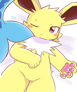 4_fingers ambiguous_anthro ambiguous_gender anthro anthrofied bedding bedding_background biped bird's-eye_view black_inner_ear blue_body blue_tail blush blush_stickers duo featureless_crotch fin fingers front_view fur high-angle_view kemono lying multicolored_body multicolored_fur neck_tuft nude nude_ambiguous nude_anthro on_back one_eye_closed pawpads pink_pawpads pokemorph purple_eyes solo_focus tail tail_fin tuft two_tone_body two_tone_fur white_body white_fur yellow_body yellow_ears yellow_fur unimaru nintendo pokemon aquatic eeveelution generation_1_pokemon jolteon mammal pokemon_(species) vaporeon 2024 colored digital_media_(artwork) portrait shaded simple_shading three-quarter_portrait