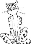 4_fingers anthro blush cheek_bulge eyebrows fingers fur looking_at_viewer male male_anthro markings monotone_background navel notched_ear nude_anthro nude_male simple_background sitting sitting_on_ground solo striped_arms striped_body striped_fur striped_legs striped_markings striped_tail stripes tail tail_markings whiskers white_background destroy-chan lackadaisy rocky_rickaby domestic_cat felid feline felis mammal tabby_cat 2012 black_and_white full-length_portrait hi_res line_art monochrome portrait