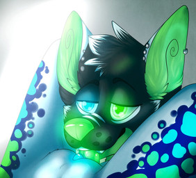 anthro clitoris duo ear_piercing faceless_character faceless_female fangs female genitals heterochromia licking male muzzle_(object) muzzled patterns piercing teeth tongue tongue_out vulva taxi. heina_(rave_the_husky) rave_the_husky