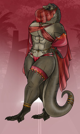 angry anthro bdsm big_breasts bondage bound breasts brown_body clothing face_veil female harem harem_jewelry harem_outfit muscular muscular_female navel nipples non-mammal_breasts non-mammal_nipples rope solo tail thick_thighs translucent translucent_clothing walking lovemummification jurassic_park universal_studios rexy_(jurassic_park) dinosaur prehistoric_species reptile saurischian scalie theropod tyrannosaurid tyrannosauroid tyrannosaurus tyrannosaurus_rex hi_res