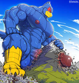 aircraft anthro beak big_penis blue_body bodily_fluids city destruction erection feathers genital_fluids genitals giga green_eyes helicopter macro male mountain muscular muscular_male penetration penis precum solo vehicle darkai nintendo star_fox falco_lombardi avian bird hi_res
