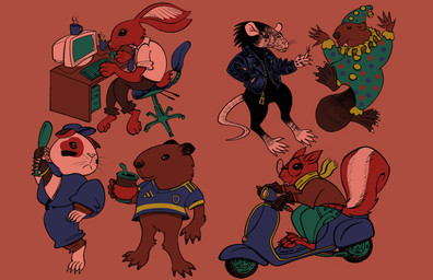 anthro baseball_bat baseball_uniform bat_(object) beaver_tail bell chair cigarette clothing clown coffee_mug computer container cup desk electronics eyewear female feral fool's_hat furniture glasses gloves group handwear hat headgear headwear jacket long_ears male monitor mug necktie office_chair office_clothing rat_tail scut_tail short_tail sportswear squirrel_tail table tail topwear uniform autenticovadito boca_juniors vespa beaver capybara caviid guinea_pig lagomorph leporid mammal murid murine rabbit rat rodent sciurid tree_squirrel absurd_res hi_res