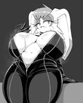 anthro big_breasts biker bodily_fluids breasts clothing fanning fanning_self female gloves handwear huge_breasts skinsuit solo sweat thick_thighs tight_clothing unzipped zipper kappa_spark sega sonic_the_hedgehog_(series) vanilla_the_rabbit lagomorph leporid mammal rabbit 2024 4:5 hi_res monochrome