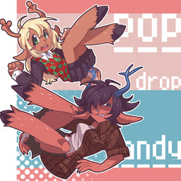 anthro blonde_hair blue_eyes brown_body brown_fur duo female freckles fur green_eyes hair horn text 4-blood deltarune undertale_(series) dess_holiday noelle_holiday deer mammal new_world_deer reindeer 2025 absurd_res hi_res