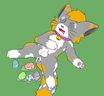 3_fingers 3_toes anal_fluids animal_genitalia anus bodily_fluids collar collar_only drooling easter_egg egg feet feral fingers fully_sheathed fur genitals grey_body grey_fur holidays lying male male_oviposition nude on_back oviposition saliva sheath simple_background solo spiral_eyes spreading toes unconscious cookid easter slinky_(cookid) felid feline mammal