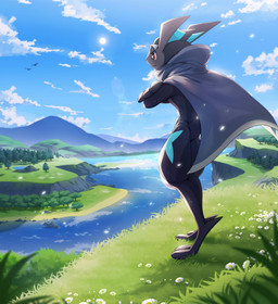 ambiguous_gender anthro biped black_body blue_body building cape clothing cloud crossed_arms detailed_background grass house mountain plant red_eyes river short_tail solo sun tail tree donutella nintendo pokemon amphibian generation_6_pokemon greninja pokemon_(species) shiny_pokemon hi_res