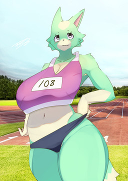 anthro big_breasts black_clothing black_panties black_underwear blush breasts clothed clothing cloud crop_top day dipstick_tail female fingers front_view fur grass green_body huge_breasts humanoid_hands looking_at_viewer low-angle_view markings navel outside panties photo_background pink_clothing pink_crop_top pink_shirt pink_topwear plant running_track shadow shirt skimpy sky solo standing tail tail_markings topwear tree underwear white_body white_eyes white_fur sorakamis animal_crossing nintendo skye_(animal_crossing) canid canine canis mammal wolf absurd_res colored hi_res photography_(artwork) portrait shaded signature three-quarter_portrait