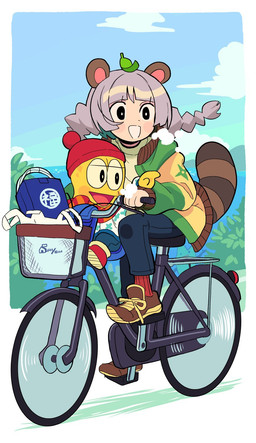 ambiguous_gender bicycle bottomwear breath clothing cloud duo footwear green_clothing green_jacket green_topwear grey_hair hair jacket leaf leaf_on_head on_bike open_mouth outside pants red_clothing red_footwear red_socks riding_bike shoes smile socks tail topwear vehicle water gashi-gashi vtuber peanuts-kun ponpoko animal_humanoid canid canid_humanoid canine canine_humanoid humanoid mammal mammal_humanoid tanuki_humanoid 2025 digital_media_(artwork) hi_res