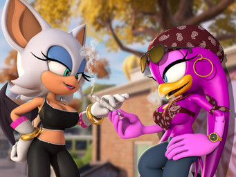 anthro bangle big_breasts blue_eyeshadow breasts cleavage clock clothed clothing drugs duo eyeshadow eyewear eyewear_on_head female fur jewelry joint joint_in_hand lipstick makeup membrane_(anatomy) membranous_wings midriff offering_to_another sunglasses sunglasses_on_head under_boob watch white_body white_fur wings wristwatch m0lag sega sonic_riders sonic_the_hedgehog_(series) rouge_the_bat wave_the_swallow avian bird hirundinid oscine passerine swallow_(bird) 2026 3d_(artwork) 4:3 digital_media_(artwork) hi_res