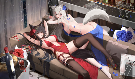 accessory black_hair blue_clothing blush breasts butt clothing curtains dagger detailed_background duo feet female flower flower_in_hair food furniture grey_hair hair hair_accessory hairclip hand_behind_head holding_glass holding_object inside legwear long_hair looking_at_viewer melee_weapon newspaper nipple_outline on_sofa open_mouth plant red_clothing smile sofa stockings tail weapon wine_bottle dormitory_director arknights hypergryph pocky studio_montagne lappland_(arknights) texas_(arknights) animal_humanoid canid canid_humanoid humanoid mammal mammal_humanoid 2024 absurd_res digital_media_(artwork) hi_res