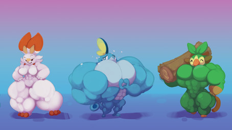 abs anthro big_muscles big_pecs blue_body blue_eyes blue_tail breasts brown_body brown_fur brown_tail butt eyes_closed featureless_breasts featureless_crotch female flexing front_view fur green_body green_fur group half-closed_eyes hands_on_hips hands_on_own_hips holding_log holding_object huge_muscles huge_pecs hyper hyper_muscles hyper_pecs log long_ears male multicolored_body multicolored_ears muscular muscular_anthro muscular_male narrowed_eyes orange_ears pecs pose smile standing tail trio two_tone_body two_tone_ears white_body white_ears white_fur wood yellow_body yellow_fur toonpower nintendo pokemon generation_8_pokemon grookey pokemon_(species) scorbunny sobble 2019 digital_drawing_(artwork) digital_media_(artwork) hi_res