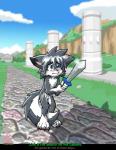 anthro blue_eyes blush cloud fur genitals grass grey_body grey_fur male melee_weapon offscreen_character outside penis pillar plant road shadow sky solo sword weapon young young_anthro twotails nintendo the_legend_of_zelda link_(wolf_form) canid canine canis mammal wolf