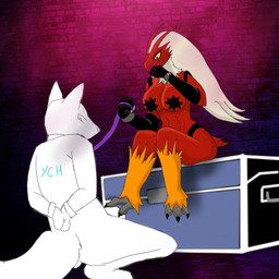 anthro bdsm breasts claws clothing collar cuff_(restraint) dominant dominant_female duo feet female gloves hair handcuffs handwear latex latex_clothing latex_gloves latex_handware latex_handwear leash leash_pull metal_cuffs pasties red_body restraints talons toe_claws toes white_hair yellow_sclera rhode_arts nintendo pokemon ych_(character) blaziken generation_3_pokemon pokemon_(species) 1:1 2022 signature