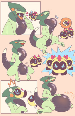 ambiguous_gender blush crotch_vore feral flustered group mischievous_smile multiple_prey neck_bulge nulge_vore null_bulge questionable_consent short_comic swallowing unwilling_pred unwilling_prey vore claustrophile nintendo pokemon cyclizar falinks generation_8_pokemon generation_9_pokemon pokemon_(species) absurd_res comic hi_res