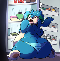 after_transformation amber_eyes anthro appliance belly big_belly big_breasts big_butt big_nipples blue_body blue_fur blush breasts butt claws cleavage clothed clothing eyes_closed fangs female female_anthro finger_claws food fridge fur hair huge_belly huge_butt huge_thighs implied_transformation kitchen_appliance kneeling midnight_snack night nipples obese open_mouth overweight panties pawpads paws pokemon_professor purple_goo solo tan_body tan_skin teeth text thick_thighs toe_claws torn_clothing torn_panties torn_underwear underwear white_hair wide_hips yawn chabble nintendo pokemon professor_burnet generation_1_pokemon mammal pokemon_(species) snorlax hi_res