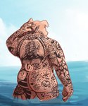 anthro big_butt butt curled_tail faceless_character faceless_male male outside partially_submerged pink_body rear_view slightly_chubby solo tail tattoo text water gully teddy_(gully) domestic_pig mammal suid suina sus_(pig)