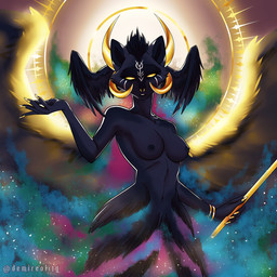 anthro barbell_piercing black_body black_fur black_hair black_nipples black_wings circular_barbell_piercing facial_piercing feathered_wings feathers female female_anthro front_view fur hair halo head_wings holding_object holding_staff horn looking_at_viewer narrowed_eyes navel nipples nose_piercing nude piercing septum_circular_barbell septum_piercing short_hair solo staff text unusual_wing_placement wings yellow_eyes yellow_horn yellow_sclera yellow_wings demireality species_request 1:1 artist_name hi_res portrait three-quarter_portrait