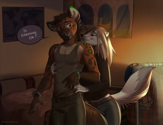 abs anthro bed black_nose breasts brown_body brown_fur brown_hair clock clothed clothing dialogue duo female fur furniture grey_body grey_fur hair inside male male/female map smile speech_bubble text watch white_body white_fur wristband wristwatch koul banzay koul_fardreamer canid canine canis hyena mammal spotted_hyena wolf 2020 digital_media_(artwork) english_text