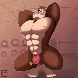 5_fingers 5_toes abs anthro arm_hair armpit_hair biceps big_breasts big_bulge big_chest big_muscles big_nipples biped body_hair bottomwear breasts brown_body brown_fur brown_hair bulge chest_hair chin_up clothed clothing crouching detailed_bulge feet fingers forearm_muscles fur gym hair hairy_hands hands_above_head heart_symbol huge_muscles humanoid_feet inside light_body light_skin logo looking_at_viewer male male_anthro muscular muscular_anthro muscular_legs muscular_male nails nipples overweight overweight_male pecs plantigrade red_clothing reflective_body simple_background smile solo teeth text thick_thighs toenails toes triceps weights white_body yellow_omen donkey_kong_(series) nintendo donkey_kong_(character) ape gorilla haplorhine kong mammal monkey primate 1:1 2025 artist_logo artist_name colored digital_drawing_(artwork) digital_media_(artwork) english_description english_text full-length_portrait hi_res portrait shaded signature soft_shading watermark