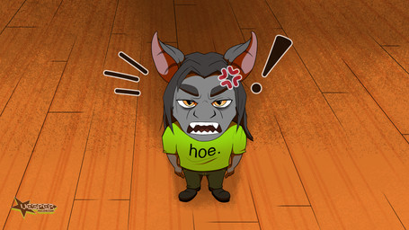 angry anthro black_hair cross-popping_vein exclamation_point eye_bags fangs floor grey_body hair logo long_hair looking_at_viewer looking_up looking_up_at_viewer male orange_eyes short solo teeth wood wood_floor vesper_thee_bat brat_(charli_xcx) vesper_thee_bat_(character) bat mammal 16:9 2026 4k absurd_res hi_res meme widescreen