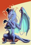 clothing feral fin hair hat headgear headwear male mane membrane_(anatomy) membranous_wings quadruped question_mark sitting solo tail whiskers wings owlbarrel mythology dryhten dragon marine mythological_creature mythological_scalie scalie hi_res